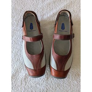 Wolky 41 Mary Jane Walking Shoes Brown Cream Leather Comfort Hook Loop